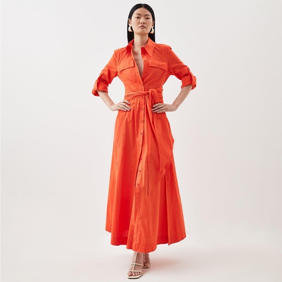 Karen Millen Dresses & Skirts - Karen Millen Orange Tailored Belted Poplin Maxi Button Up Down Shirt Dress sz 8